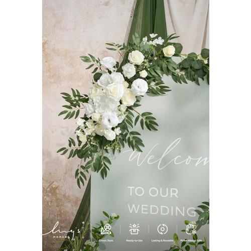Ling's moment Artificial Wedding Arch Flowers Kit Pack of 4, 2pcs Hanging Silk Flowers Arrangement 2pcs Chiffon Drapes Ceremony Spring Fake Rose Arbor Backdrop White Sage Floral Party Outdoor Decor