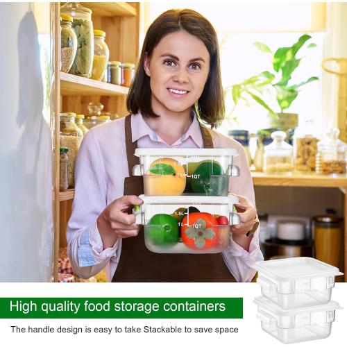6 Pieces Square Food Storage Containers Polycarbonate Clear food Container with Lid Commercial Storage with Graduations for Commercial Kitchen Dough Marinating Meat(White,2 Qt)
