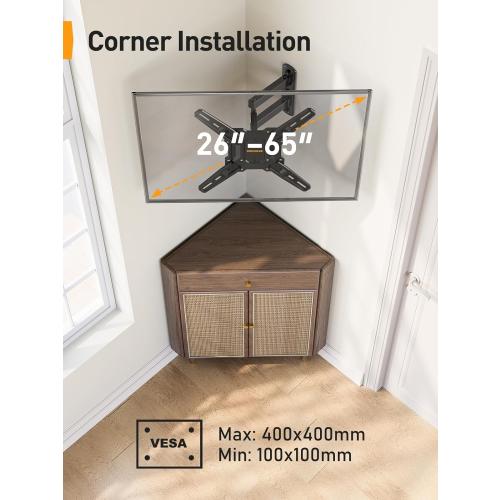 Black Perlegear Full Motion TV Mount for Most 26–65 inch Flat or Curved TVs up to 82 lbs, Wall Mount TV Bracket with Articulating Arms, Tool-Free Tilt, Swivel, Extension, Max VESA 400x400mm, PGMF3