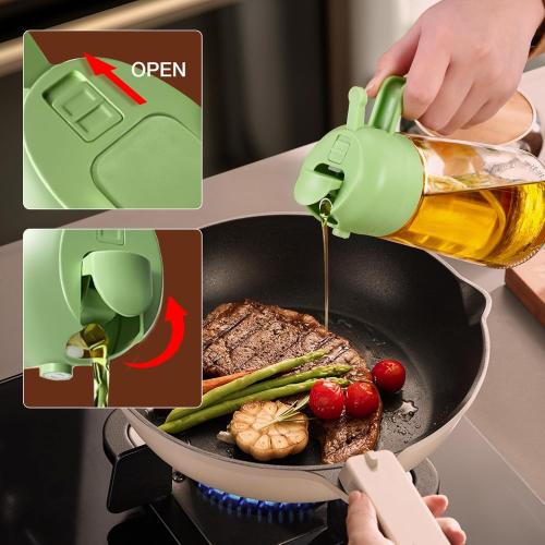 YRRAMATE 16oz/470ml Glass Olive Oil Sprayer for Cooking with Stickers, 2 in 1 Oil Dispenser for Kitchen Gadgets, Food Grade Premium Spray Bottle with Portion Control for Salad, Frying, BBQ (Green)