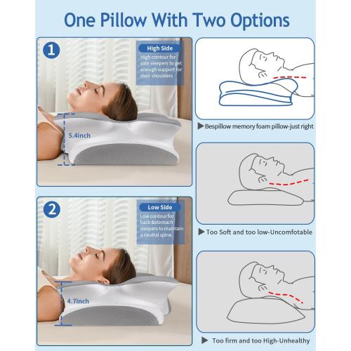 Grey and White Cervical Neck Pillow for Neck Shoulder Pain Relief, Soft Contour Side Sleeper Pillow of 2 Heights, Odorless Q-max Cooling Memory Foam Orthopedic Bed Pillow for Back Stomach Sleeper