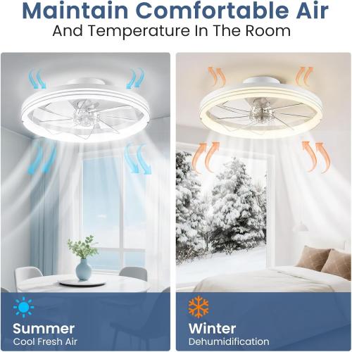 CHAREADA Ceiling Fans with Lights and Remote, 20 Foldable Fan with Light | Low Profile Stepless Color Temperature Change and 6 Speeds for Bedroom, Kids Room and Living Room (Stripe White)