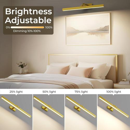 Size Medium Color Gold Picture Lights for Wall, Battery Operated Picture Light 24in Gallery Light for Paintings CCT Dimmable Recharging Battery Wall Light with Remote Control for Living Room Gallery Dartboard