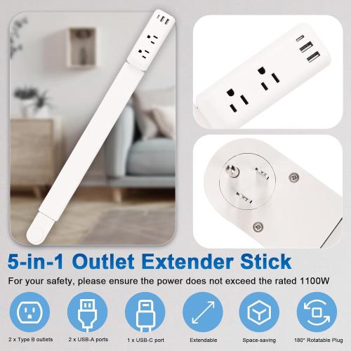 Outlet Extender Stick with USB-A & USB-C, 2 AC Outlets, Adjustable 22-34 Plug Extender, 180° Rotating Wall Outlet Extender for Hard-to-Reach Outlets Behind Sofa, Bed, Desk, Nightstand