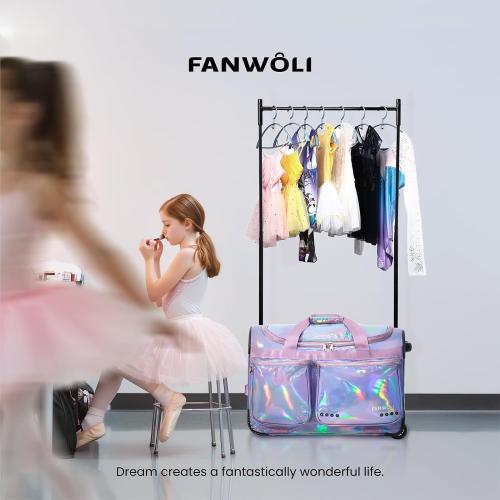 Fanwoli 23 Dance Bag with Garment Rack | Prism-Glowing Collection | Waterproof Iridescent Fabric | Ideal Competition Duffle Bag for Dancer Cheerleader Little Princess | Mermaid Seablue