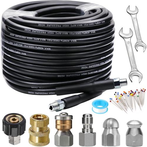 100Ft WEST BAY Sewer Jetter Kit 100 FT for Pressure Washer, 5800PSI Drain Cleaner Hose 1/4 Inch NPT Corner Rotating and Button Nose Sewer Jetting Nozzle Spanner Watertight Tape Pearl Corsage Pin