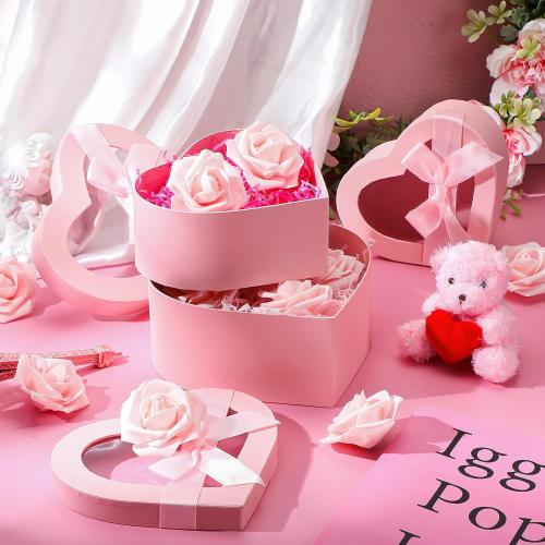 4 Pcs Valentine Flower Boxes Heart Shaped Boxes Floral Gift Box Assorted Sizes with Transparent Window Lids and Ribbons for Luxury Flower Gift Arrangements Wedding(Pink)
