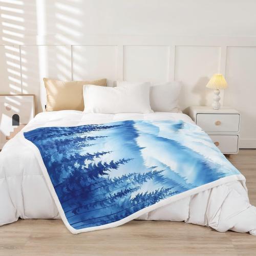 Blue Pine Tree Bed Blanket Kids Girls Misty Style Sherpa Blanket Soft Cozy Lightweight Natural Landscape Plush Fleece Foggy Mountain Blanket Gifts for Bed Chair Office Sofa(Throw 50x60)