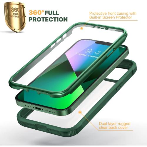 Diaclara Designed for iPhone 13 Case, Full Body Rugged with Built-in Touch Sensitive Anti-Scratch Screen Protector, Soft TPU Bumper Case for iPhone 13 6.1 (Green and Clear)