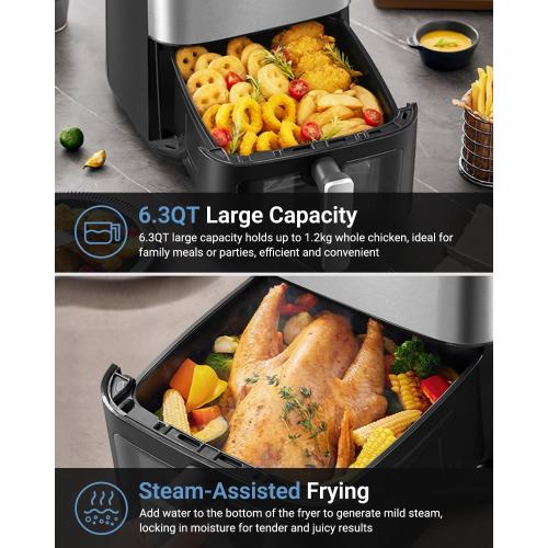 Bear 6.3QT Air Fryer with Smart Color Touchscreen, 4D Turbo Crisp Technology, See-Through Window & Steam Function for Juicy Results, 1600W, Dishwasher Safe Basket