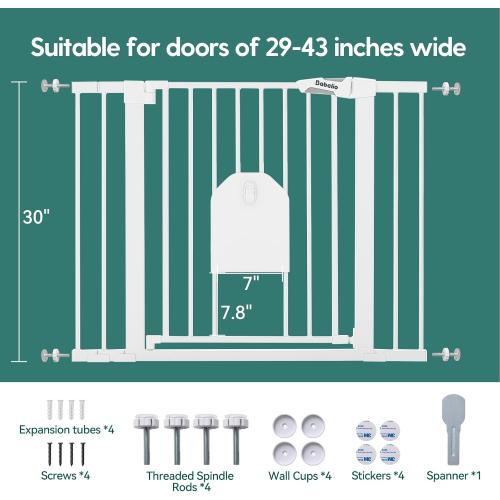 Babelio Auto Close Baby Gate with Cat Door,29-43 Metal Gate for Doorway,Stairs, House,Easy Walk Thru with Pet Door,Includes 4 Wall Cups and 3 Extension Pieces,White