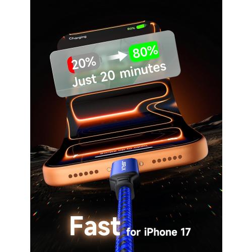 JSAUX 100W USB C to USB C Cable [2-Pack 10FT], Type C Fast Charging Cord for iPhone Air/iPhone 17/iPhone 17 Pro/iPhone 17 Pro Max, iPhone 16/15 Series, Galaxy S/Note Series, MacBook, iPad - Blue