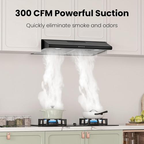 FIREGAS Size  30 Inch Black Under Cabinet Range Hood, Ducted/Ductless Convertible Kitchen Vent Hood with LED Light, 3-Speed Exhaust Fan, Push Button Control, Slim Stove Hood for Modern Kitchen