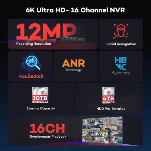 ONWOTE 12MP 16 Channel PoE NVR (Built-in 16 PoE Ports), 4TB HDD Included, Smart AcuSearch, Only Work with ONWOTE PoE IP Cameras, 16CH 6K 4K 8MP NVR Security Video Audio Recorder, 2 SATA Support 20TB