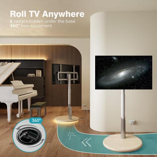 Size 27-65 Inch Floor Mobile TV Stand with Power Outlet, Rolling TV Cart for 27-65 Inch OLED LED Monitors, 6 Levels of Height Adjustment, Ambient Lighting on The Bottom Wheels Holds up to 88lbs, 400x400mm