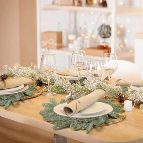 Christmas Placemats Set of 6 Round Greenery Place Mats Xmas Circular Artificial Wreath Dining Table Decor Winter Fake Plants Branches Mats for Kitchen Accessories (Norfolk and Powder Snow)