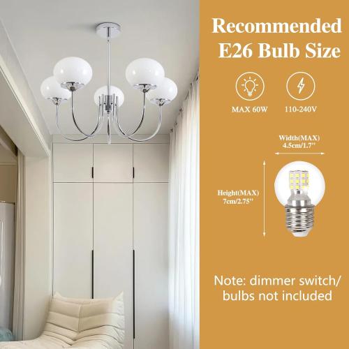 BOKT 5 Light Globe Chandelier Modern Milk Glass Chandelier Pendant Light White and Silver Vintage Semi-Flush Mount Ceiling Light for Kitchen Island Living Dining Room