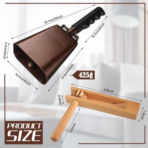 Nuanchu 10 Inch Cowbell Noise Makers for Sport Event Steel Cowbell with Handle and 2 Pcs Wooden Spinning Rattle Ratchet Traditional Matraca Toy Cheering Bell for Baseball Game Party Sport Drum(Brown)