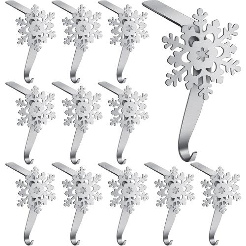 Peryiter 12 Pieces Snowflake Christmas Stocking Holders for Mantle Christmas Stocking Hooks Metal Sock Hangers Holder Stand Weighted for Fireplace(Silver)