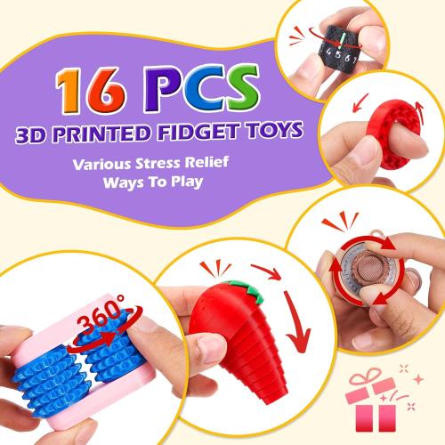 16PCS 3D Printed Fidget Toys, Sensory Toys for Kids with Autism ADHD, Classroom Treasure Box & Calm Down Corner Must Haves, Stress Relief Gifts for Kids Teens Adults