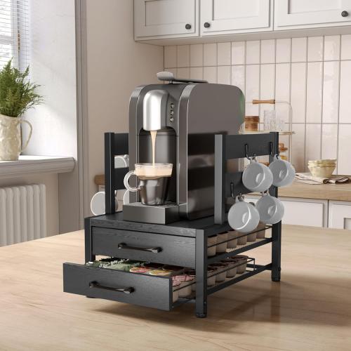 K Cup Holder Drawer - K Cup Storage Organizer, Coffee Pod Drawer with Hooks, Durable Iron-Wood Design, Space-Saving Coffee Station Organizer for Kitchen Counter