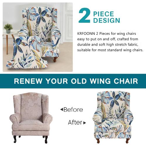 KRFOONN Stretch Wing Chair Slipcovers Printed 2 Piece Wingback Chair Covers Soft Spandex Wingback Armchair Slipcover Furniture Protector Chair Covers for Living Room Wingback Chair, T6
