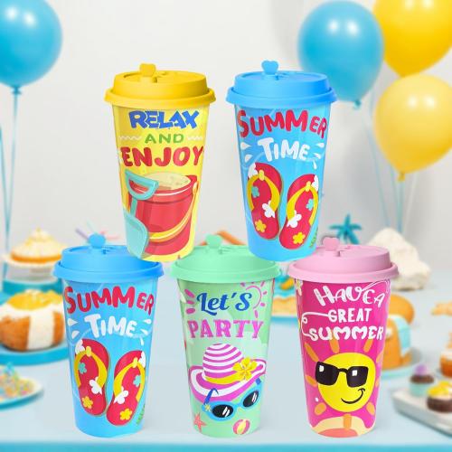 24 Pack Beach Party Favors Goodie Cups, 16OZ Pool Luau Theme Party Decorations Plastic Cups, Summer Birthday for Kids Supplies with Lids Plugs