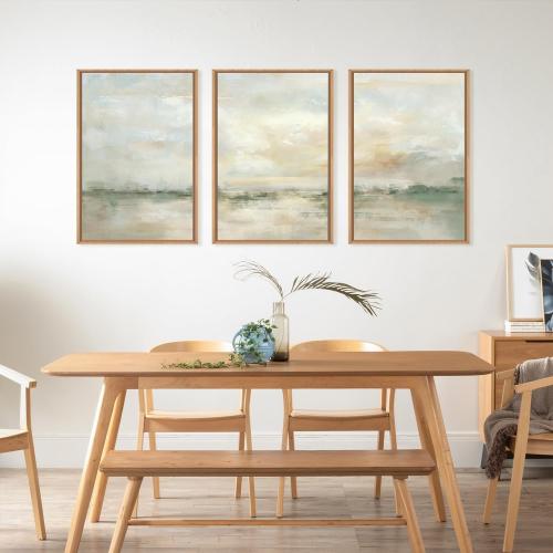 LHIUEM Large Abstract Green Gray Pastel Framed Canvas Wall Art,Neutral Landscape Wall Decor,Modern Watercolor Lake Artwork,Beige Textured Illustrations Art for Living Room,Bedroom,Office- 24x36x3