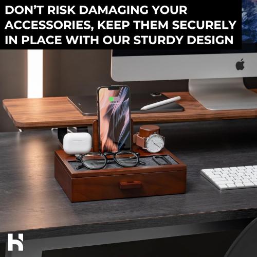 Holme & Hadfield Premium Wooden Phone Docking Station with Drawer – Nightstand Organizer for Charging Phone & Earbuds – Declutter Your Space with Felt-Lined Protection & Watch Pillar - Gift For Men