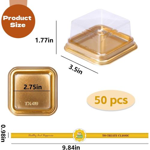 Cake Container Clear Plastic Lids 3.5in Small Dessert Boxes with Gold Bottom and Sticker for Mini Individual Cake Slice Cupcake Cheesecake and Wedding Birthday Present(50 Pack)