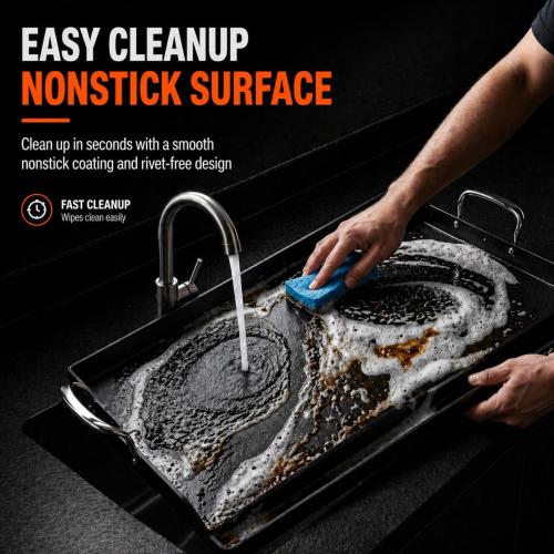 Cast Iron Griddle for Gas Grill, 25 x 16 Nonstick Flat Top Grill Griddle Plate, No Seasoning Required, Heavy Duty Outdoor BBQ Griddle with Grease Drain for Camping, Tailgating and Backyard Cooking