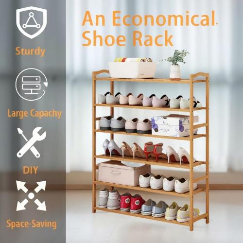 Size30.31 x 9.05 x 24.60  6-Tier Wooden Shoe Rack Organizer, Large Storage Shelf for 24-28 Pairs, Natural Bamboo Color ((30.31 x 9.05 x 24.60)) (6-Tier)