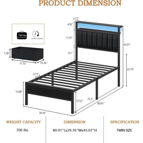 Furnulem Twin Bed Frames with Charging Station and LED Lights, Grey Upholstered Headboard with Shelves, Metal Platform Bed with 2 Under-Bed Storage (Fabric Drawer on Wheels), No Box Spring Needed