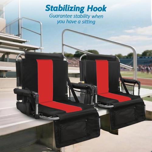 Black and Red Portable Stadium Seats with Back Support and Armrest, Folding Bleacher Chairs with Back and Cushion, Wide Padded Sports Chair with Cup Holder (2 Pack, Red)