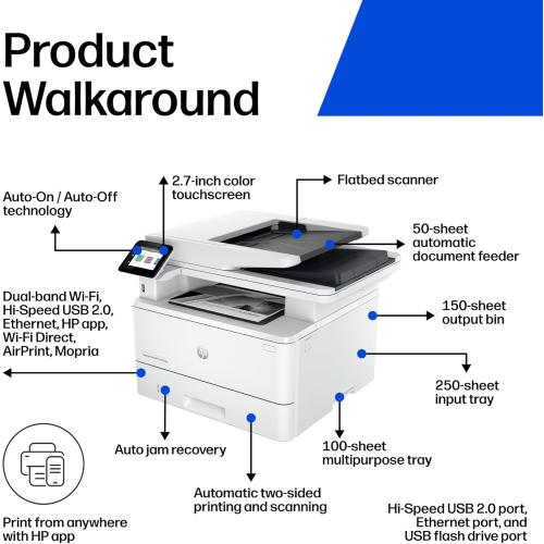 HP Laserjet Pro MFP 4101fdw Wireless Black & White All-in-One Laser Printer, Scanner, Copier, Fax, Best-for-Office (2Z619F)