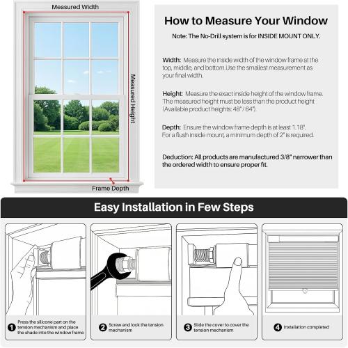 No Drill Cordless Cellular Shades, 30s Easy Install Honeycomb Window Shades, Light Filtering Thermal Insulated Blinds for Bedroom Kitchen Bathroom (White, 35 W x 48 H)