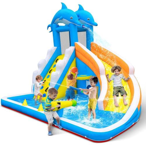TOAOB Inflatable Water Slide,5 in 1 Dolphin Inflatable Bounce House for Kids- Climbing Wall Splash Pool Water Cannon Basketball Rim - 480W Blower - for Indoor Outdoor Backyard Birthday Party