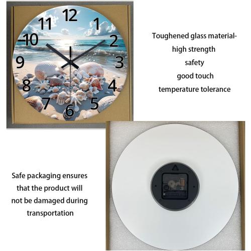 XNM 16 Inch Large Wall Clocks Battery Operated Coastal Shell Glass Clocks for Living Room Decor Blue Silent Wall Clock No Ticking