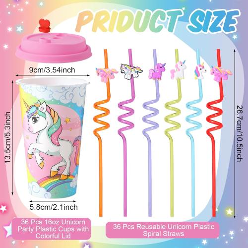 Maxcheck 36 Sets Unicorn Party Favors Goodie Cups with Lids and Straws for Birthday Decorations 36pcs 16oz Plastic Cups Reusable Plastic Straws for Birthday Party (Unicorn)