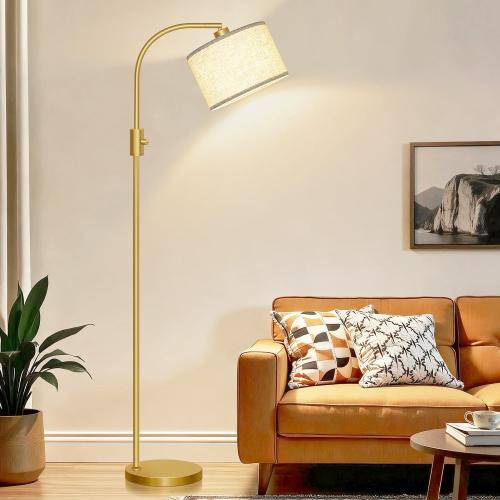 Nintiue Upgraded Modern Arc Dimmable Tall Standing Floor Lamp with Linen Shade, 1200 Lumens LED Bulb Included, for Living & Reading Room, Bedroom, Office & Nursery, Gold