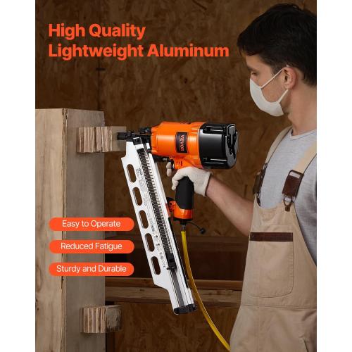 VEVOR Framing Nailer, 80-120PSI Air Nail Gun, 2 to 3-1/2 21 Degree Full Round Head Pneumatic Framing Nailer with Tool-Less Depth Adjustment & Dual Trigger Modes, Ideal for Framing Decking Flooring