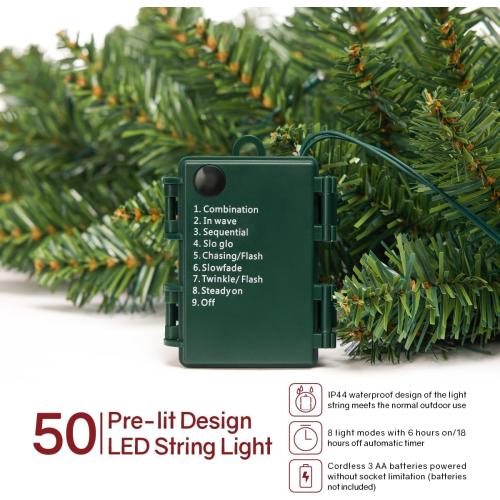 Somikis 9FT Pre-Lit Artificial Christmas Garland with 50 LED Lights and Realistic Classic Evergreen Pine Spruce for Mantle Stair Railing Indoor Outdoor