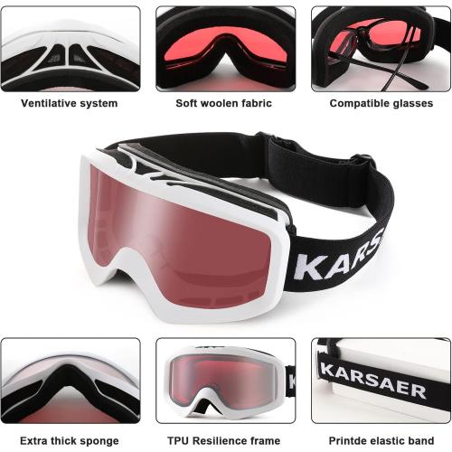Karsaer Ski Goggles Anti-Fog Snow Goggles OTG 100% UV Protection Snowboard Goggles Bendable Dual-Lenses for Men Women Youth