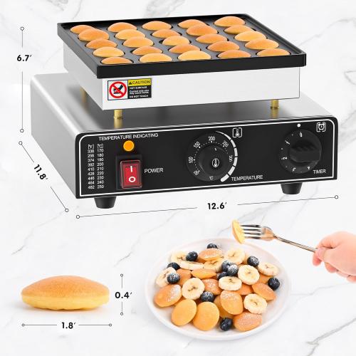 Size 25 Mini Pancake Maker, 25 Hole Mini Pancake Griddle, Commercial Non-Stick Dutch Pancake Maker with Temperature and Time Control for Breakfast, Desserts, Snacks and More