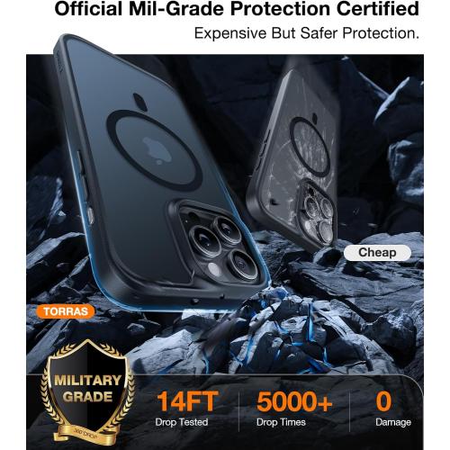TORRAS Magnetic for iPhone 15 Pro Max Case Compatible with MagSafe, MIL-STD-810G Military Grade, Slim Translucent Phone Case iPhone 15 Pro Max Shockproof Anti-Scratch 6.7, Matte Black