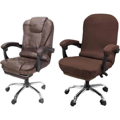 NeColorLife Stretchable Office Chair Cover with Armrest Covers – High-Back Desk Chair Slipcover, Checked Jacquard Fabric, Washable (Large Size, Coffee)