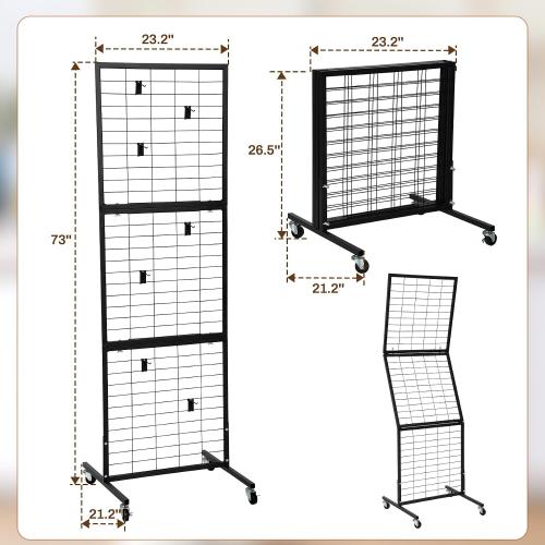 Foldable 3-Tier Wire Grid Wall Display Rack, Tool-Free Assembly Gridwall With Removable Hooks, Mobile Grid Panel For Home Storage, Retail Display & Vendor Events, Black Wire Grid Wall Panel Display