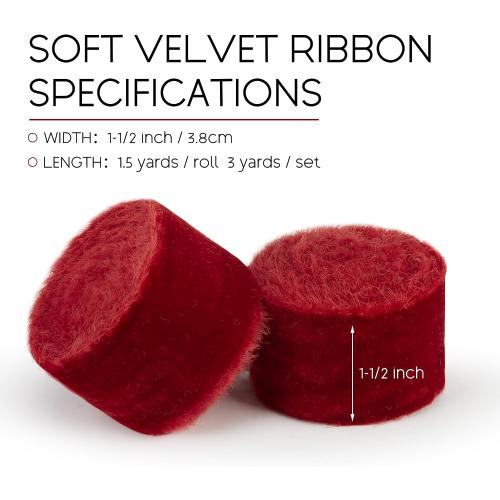 Red Velvet Ribbon for Christmas Tree - 1 1/2 inch Wide Handmade Fringe Fabric Ribbons for Gift Wrapping, Baby Shower, Flower Bouquet