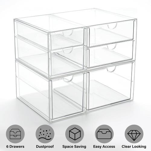 Prsildan Acrylic Drawer Makeup Organizer with 6 Drawers, Set of 2 Office Desk Organizers Accessories, Clear Stackable Storage Drawers for Vanity, Craft, Not for Baby Bottle (Largest Drawer 4 Tall)