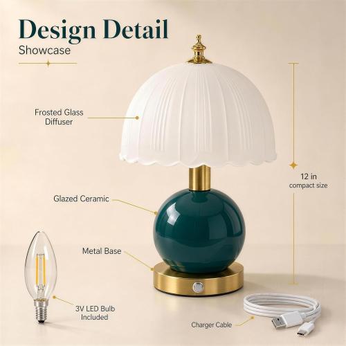 Vintage Ceramic Table Lamp, 12 Cordless Rechargeable Bedside Lamp with Stepless Touch Dimming, Emerald Green Modern Desk Light for Living Room, Bedroom, and Office Decor
